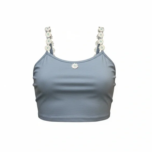 ROMWE Blue Daisy Embroidered Feminine Floral Straps Cropped Cami, Size XS - Picture 3 of 9